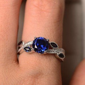 New 925 Silver Leaves Sapphire Ring